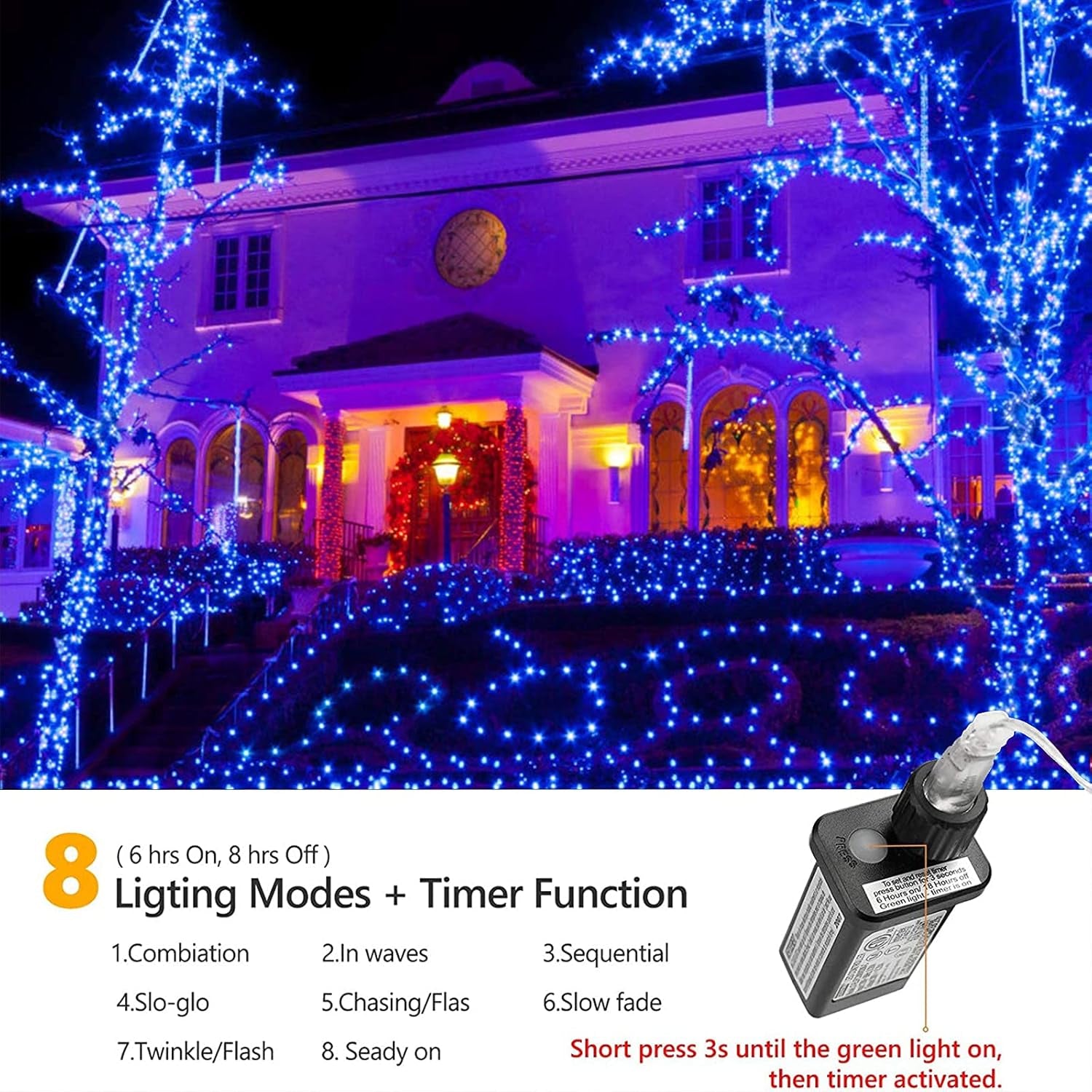 114Ft Christmas String Lights Outdoor, 300 LED Connectable with Timer, 8 Modes Christmas Tree Fairy Twinkle Lights for Garden, Wedding, Indoor Outdoor Xmas Blue Decorations