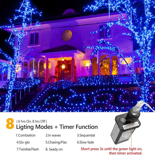 114Ft Christmas String Lights Outdoor, 300 LED Connectable with Timer, 8 Modes Christmas Tree Fairy Twinkle Lights for Garden, Wedding, Indoor Outdoor Xmas Blue Decorations