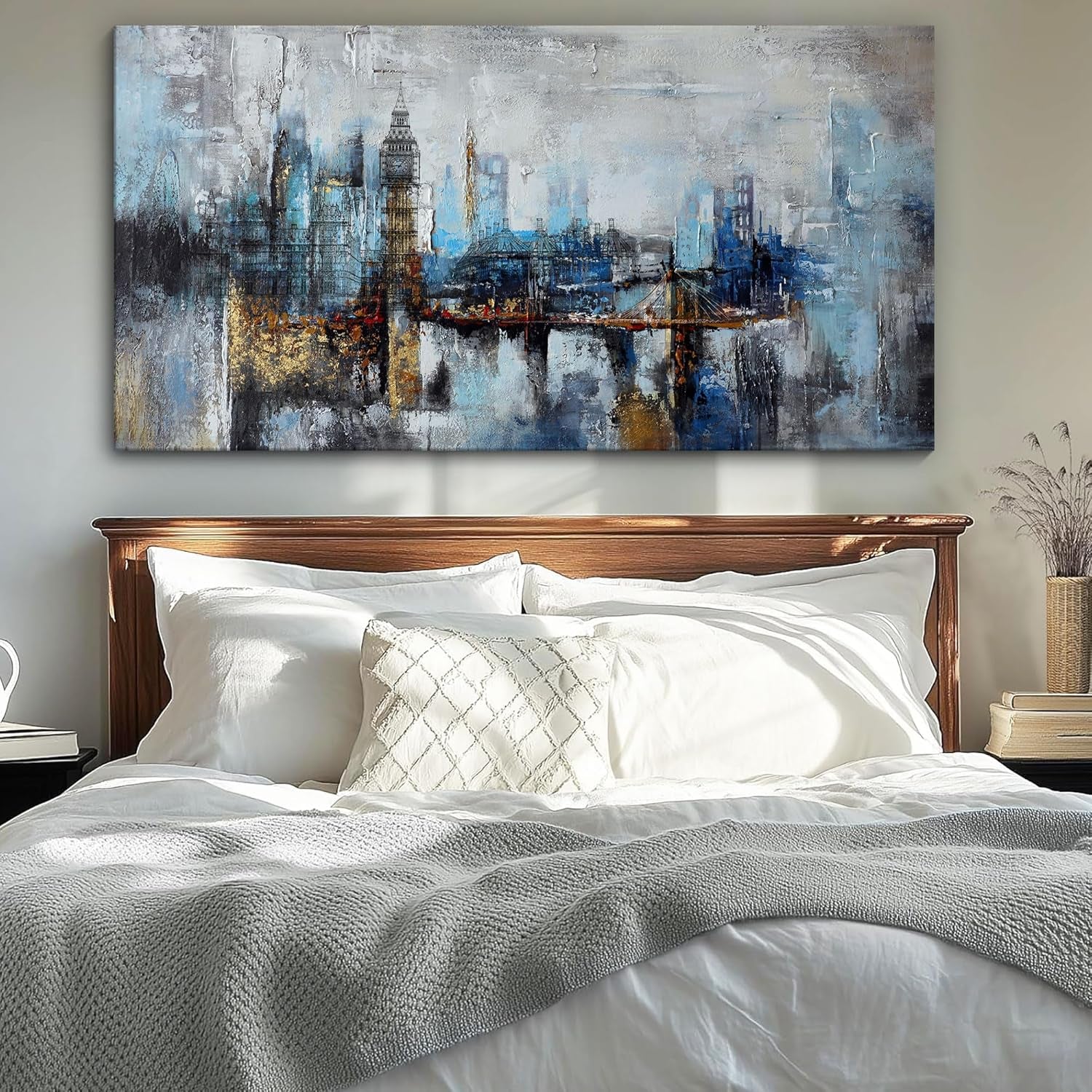 Large Wall Art for Bedroom Abstract City View Canvas Art Modern Home Decor Gray Blue Buildings Prints for Bedroom Wall Art Office Artwork Wall Decor for Living Room Decor 24X48 Inches