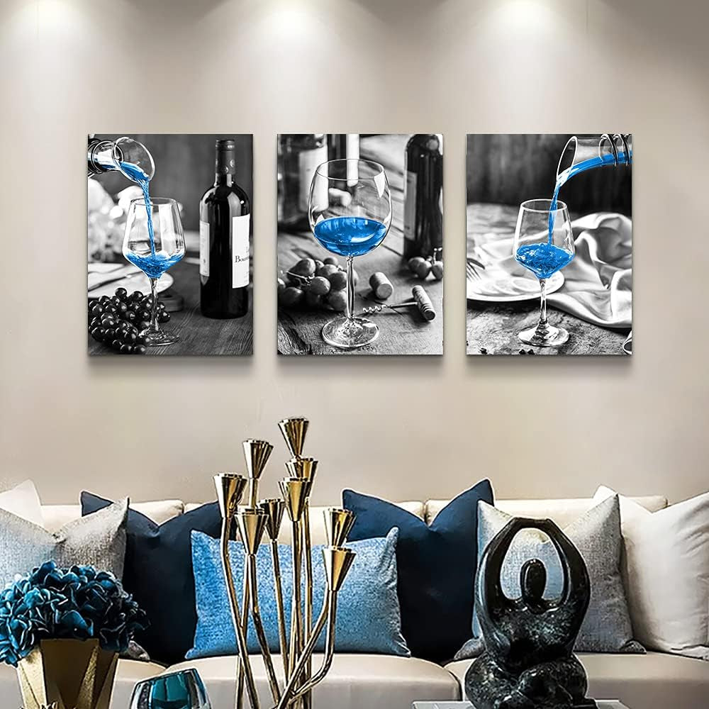Wall Decor for Dining Room Canvas Wall Art for Kitchen Black and White Wine Glasses Pictures Modern Blue Wine Canvas Art Prints Ready to Wall Painting for Restaurant Home Decorations 20"X28" 3 Piece