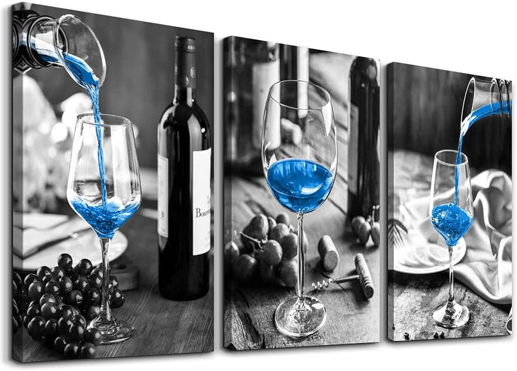 Wall Decor for Dining Room Canvas Wall Art for Kitchen Black and White Wine Glasses Pictures Modern Blue Wine Canvas Art Prints Ready to Wall Painting for Restaurant Home Decorations 20"X28" 3 Piece