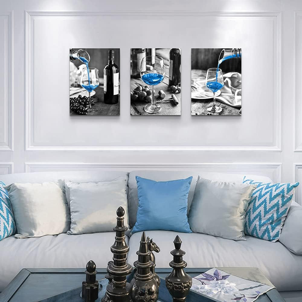 Wall Decor for Dining Room Canvas Wall Art for Kitchen Black and White Wine Glasses Pictures Modern Blue Wine Canvas Art Prints Ready to Wall Painting for Restaurant Home Decorations 20"X28" 3 Piece