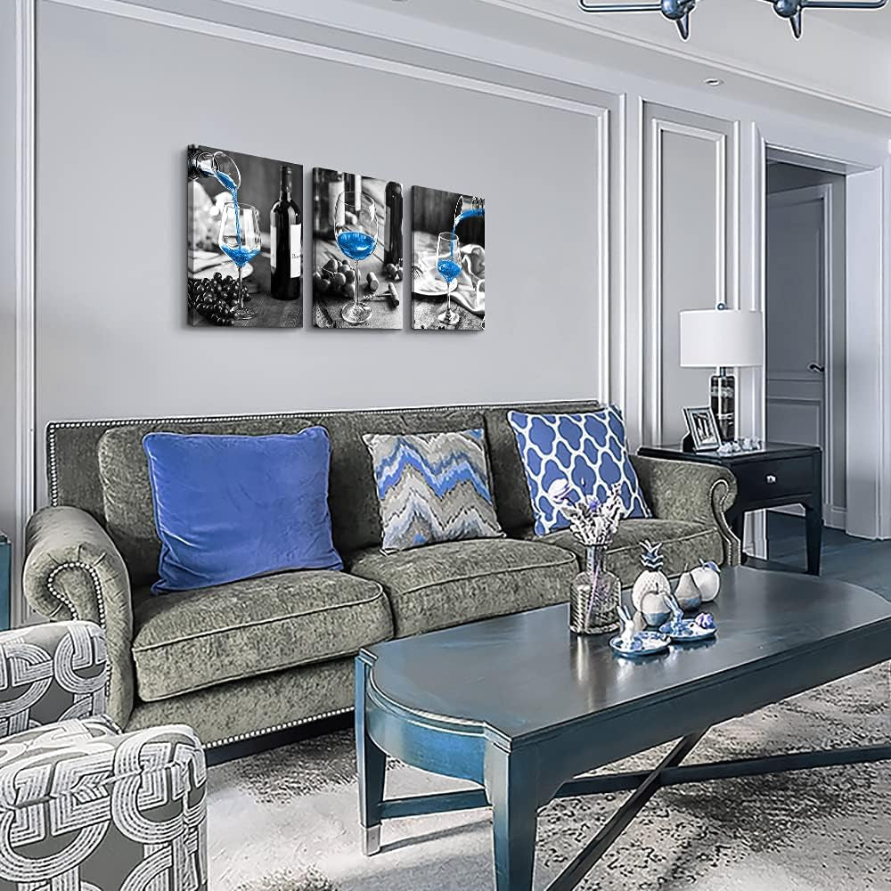Wall Decor for Dining Room Canvas Wall Art for Kitchen Black and White Wine Glasses Pictures Modern Blue Wine Canvas Art Prints Ready to Wall Painting for Restaurant Home Decorations 20"X28" 3 Piece