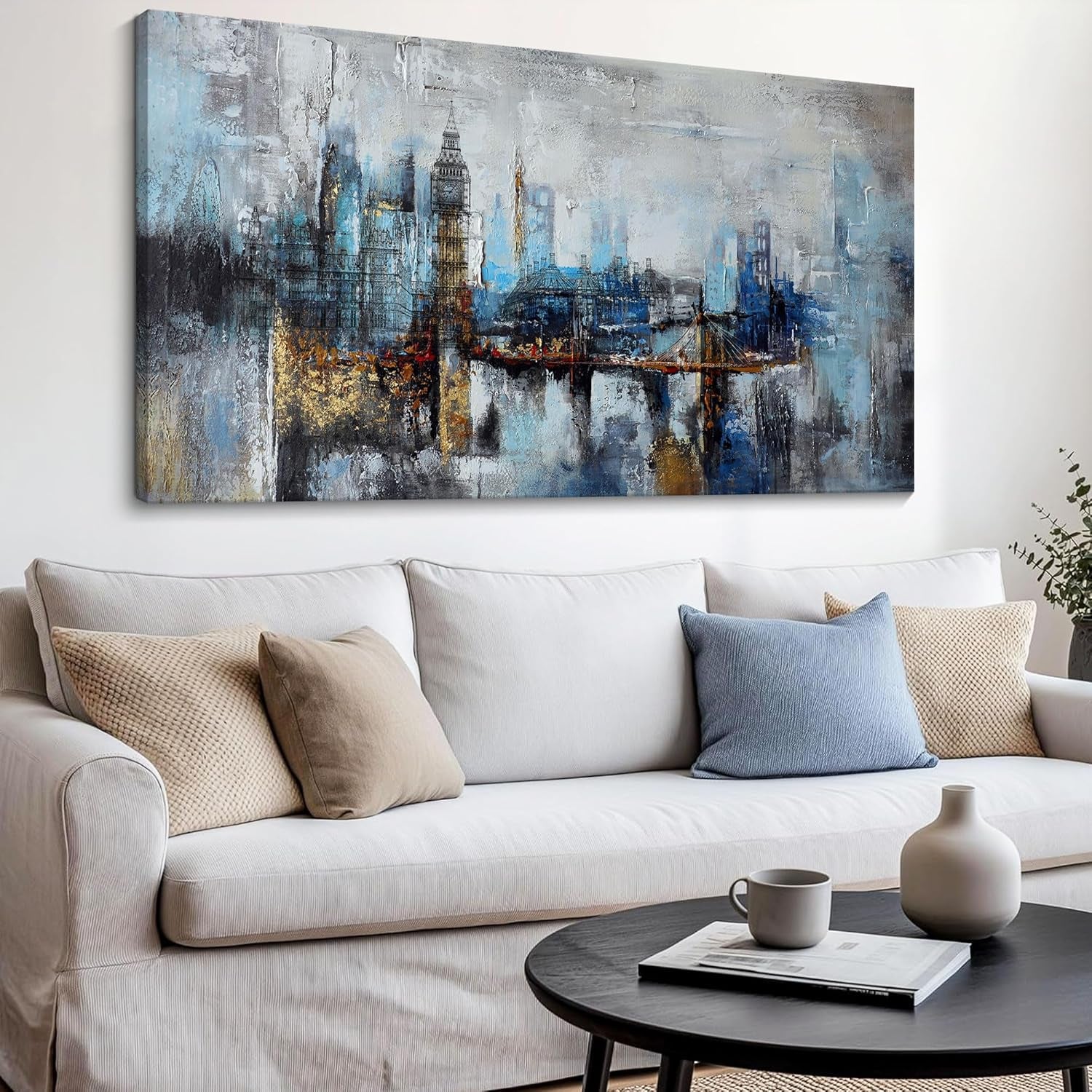 Large Wall Art for Bedroom Abstract City View Canvas Art Modern Home Decor Gray Blue Buildings Prints for Bedroom Wall Art Office Artwork Wall Decor for Living Room Decor 24X48 Inches