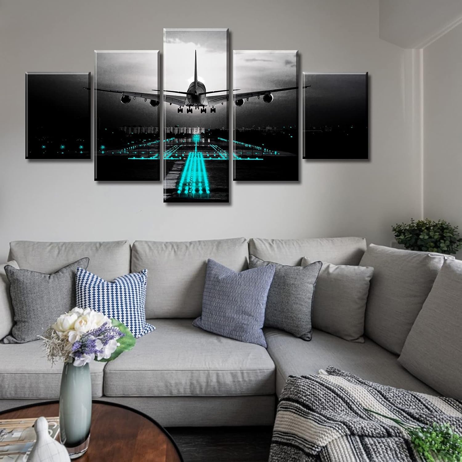 Black Teal Airplane Wall Art Vintage Airplane Wall Decor Canvas Abstract Aviation Painting Decor Print and Framed Artwork for Modern Home Office Large Size Bedroom Decorations 60" W X 32" H