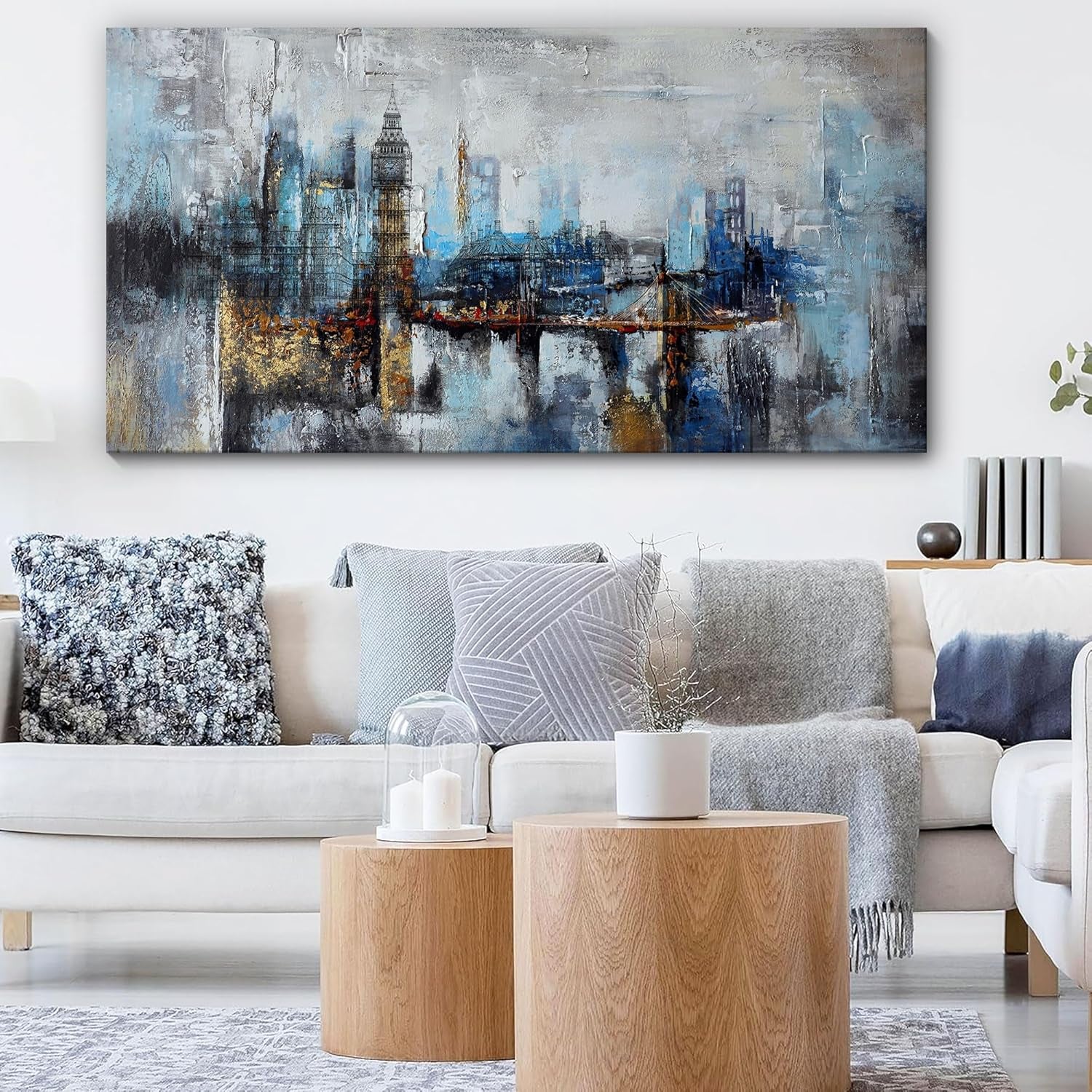 Large Wall Art for Bedroom Abstract City View Canvas Art Modern Home Decor Gray Blue Buildings Prints for Bedroom Wall Art Office Artwork Wall Decor for Living Room Decor 24X48 Inches