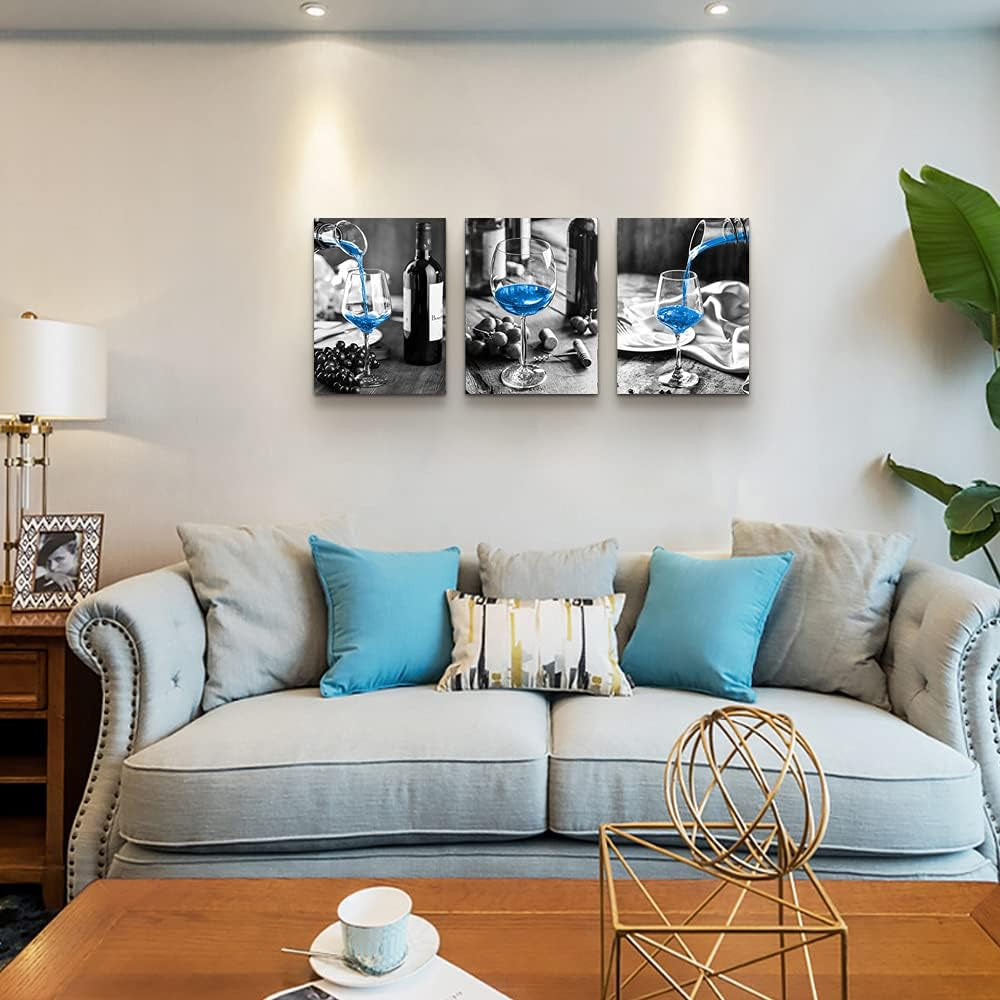 Wall Decor for Dining Room Canvas Wall Art for Kitchen Black and White Wine Glasses Pictures Modern Blue Wine Canvas Art Prints Ready to Wall Painting for Restaurant Home Decorations 20"X28" 3 Piece
