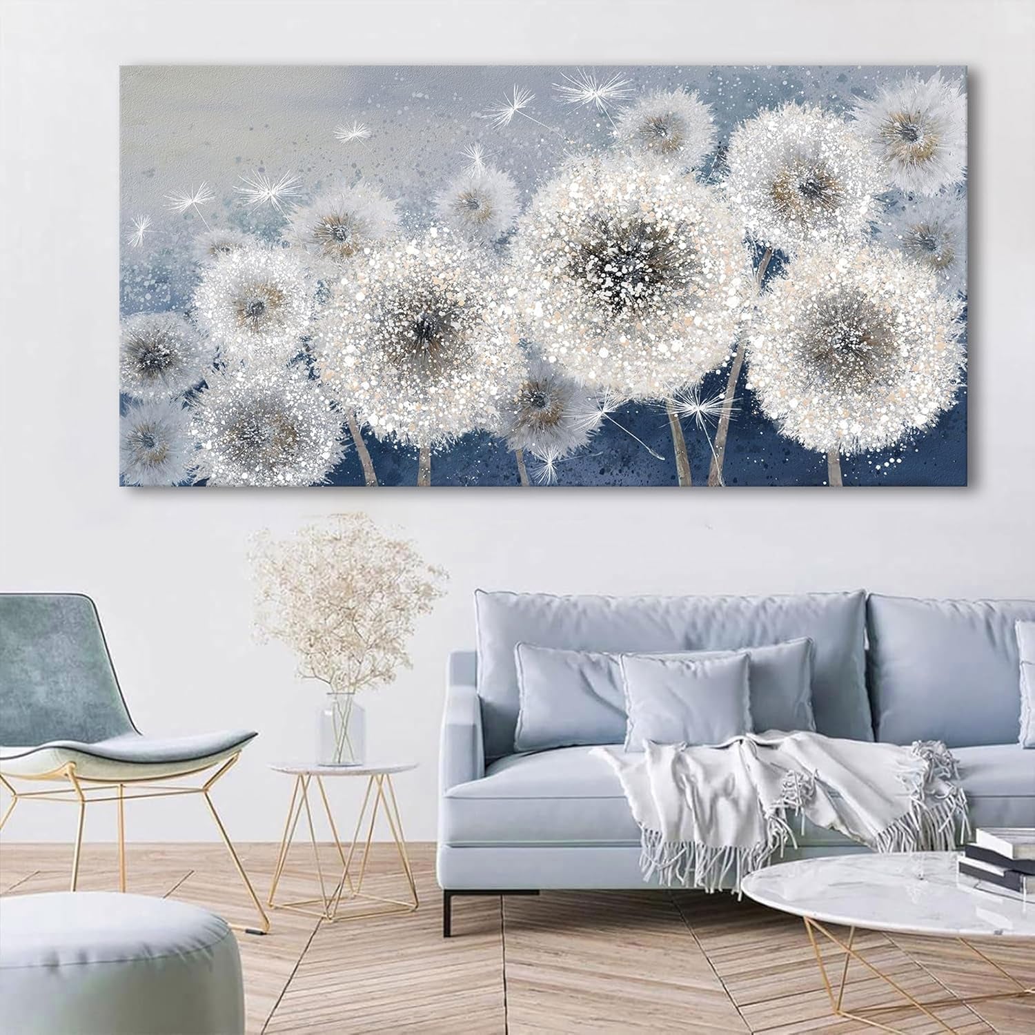 Wall Decor Living Room - Wall-Art for Living Room, Canvas Art/Pictures for Bedroom | Blue Dandelion 24X48 Inches Large Wall Art