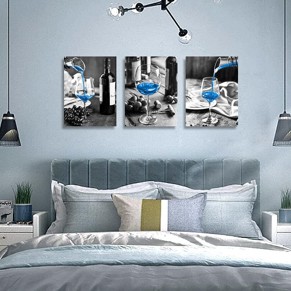 Wall Decor for Dining Room Canvas Wall Art for Kitchen Black and White Wine Glasses Pictures Modern Blue Wine Canvas Art Prints Ready to Wall Painting for Restaurant Home Decorations 20"X28" 3 Piece