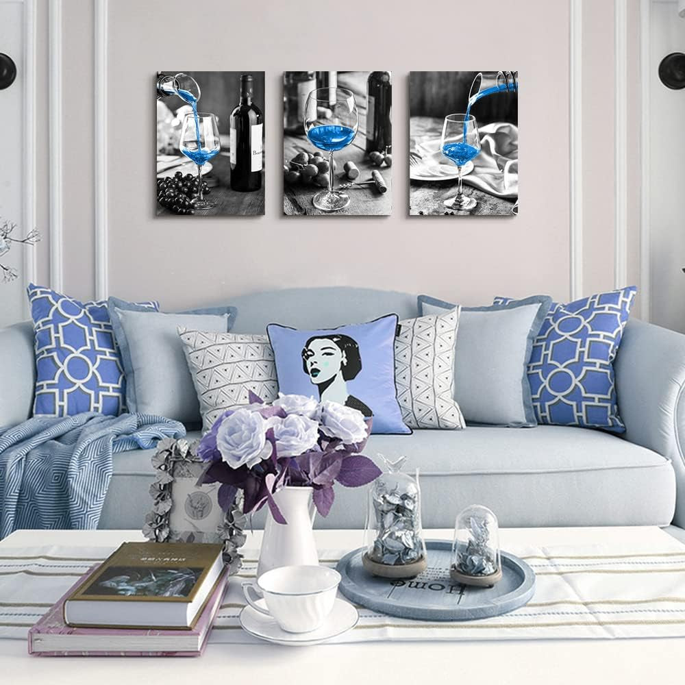 Wall Decor for Dining Room Canvas Wall Art for Kitchen Black and White Wine Glasses Pictures Modern Blue Wine Canvas Art Prints Ready to Wall Painting for Restaurant Home Decorations 20"X28" 3 Piece