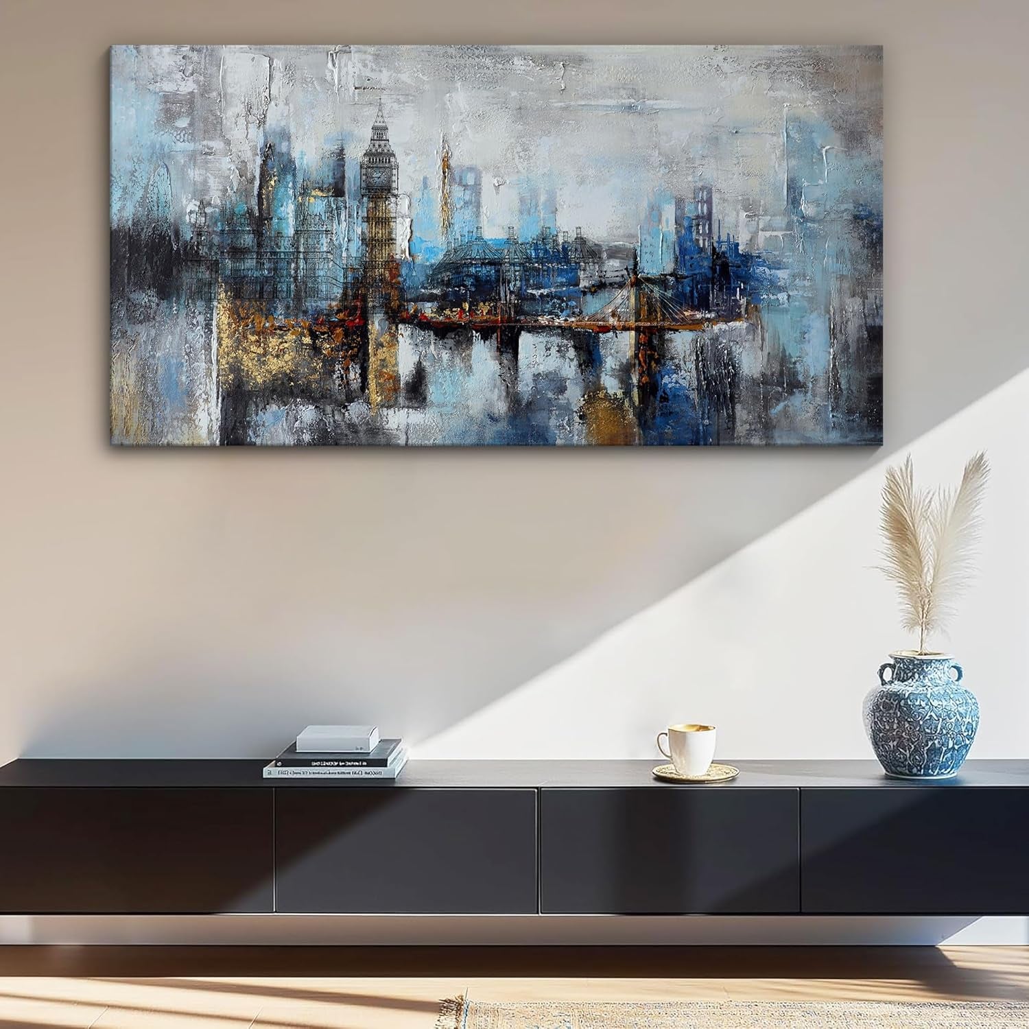 Large Wall Art for Bedroom Abstract City View Canvas Art Modern Home Decor Gray Blue Buildings Prints for Bedroom Wall Art Office Artwork Wall Decor for Living Room Decor 24X48 Inches